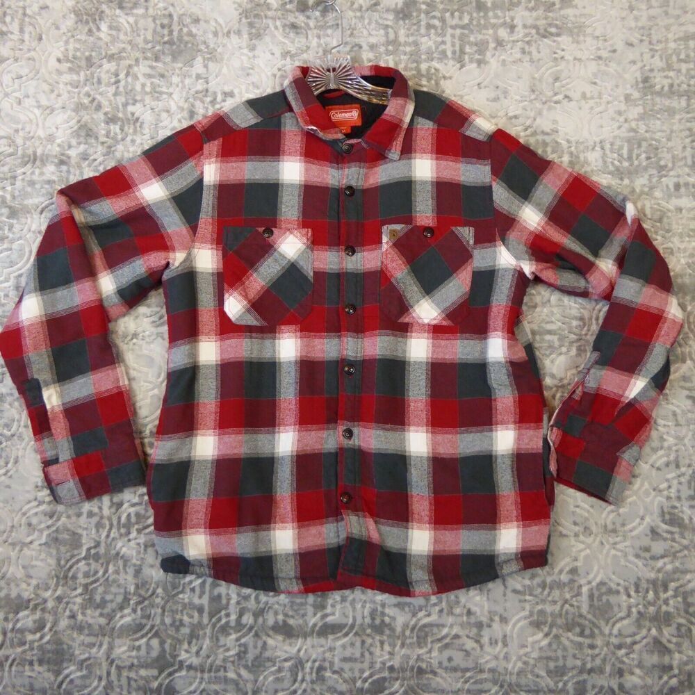 Coleman Shirt Men's Medium Red Sherpa Lined Plaid Buffalo Check Flannel Shacket